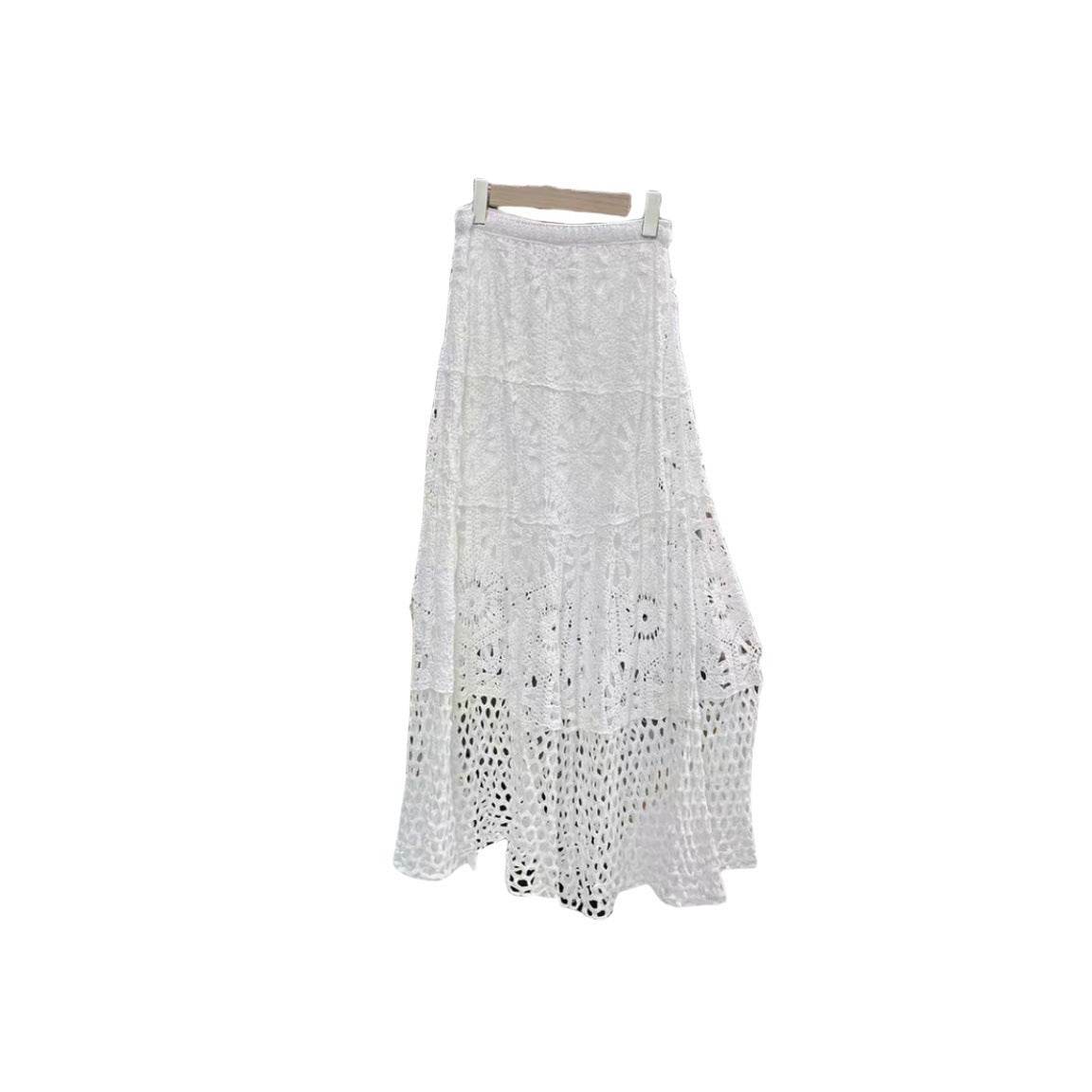 Spring Summer Crochet Lace Patchwork A- Line Beach Skirt Holiday Style Hollow-out flared flowy Maxi Skirt