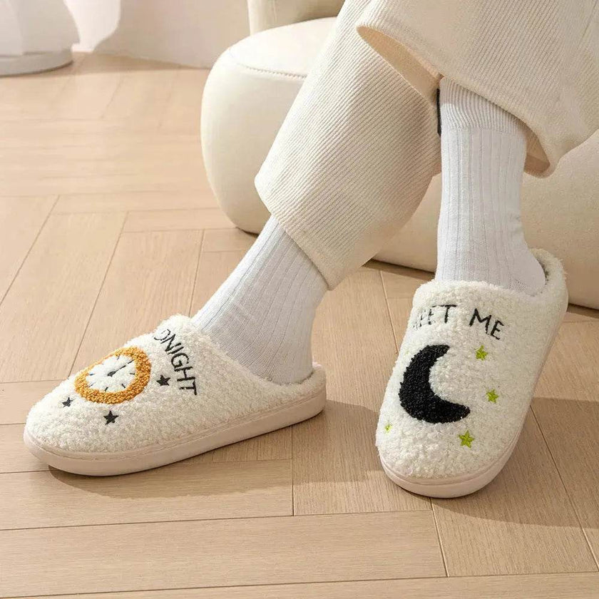 Fashion Moon And Clock Print Home Slippers Winter Warm Floor Bedroom House Shoes For Women
