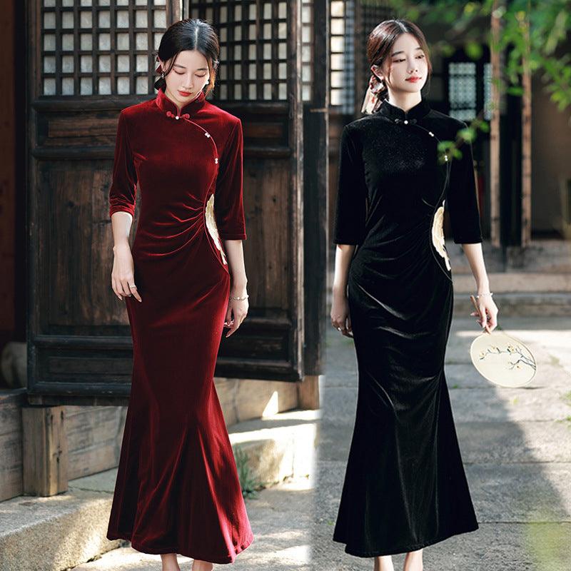 Improved Chinese-style Velvet Embroidered Dress Slim Dress
