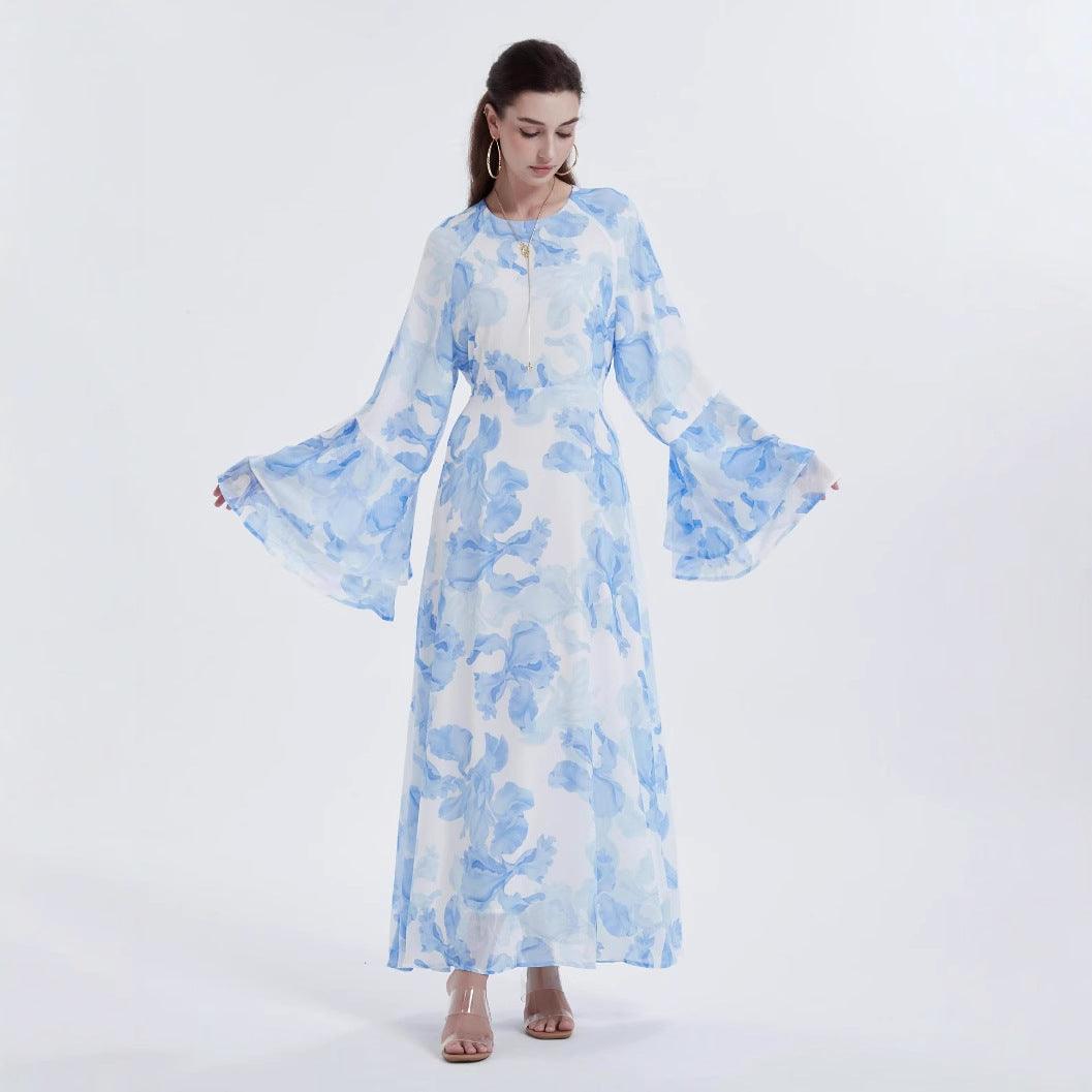 Muslim Chiffon Printed Bell Sleeve Dress