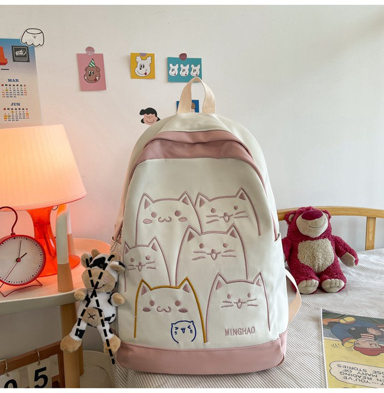 Korean Kawaii Cat School Backpack – Embroidered Nylon Bag, 5 Colours