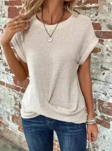 Casual Summer Short-sleeved Waffle blouse Top Summer New Solid Color Casual Evening Top For Women
