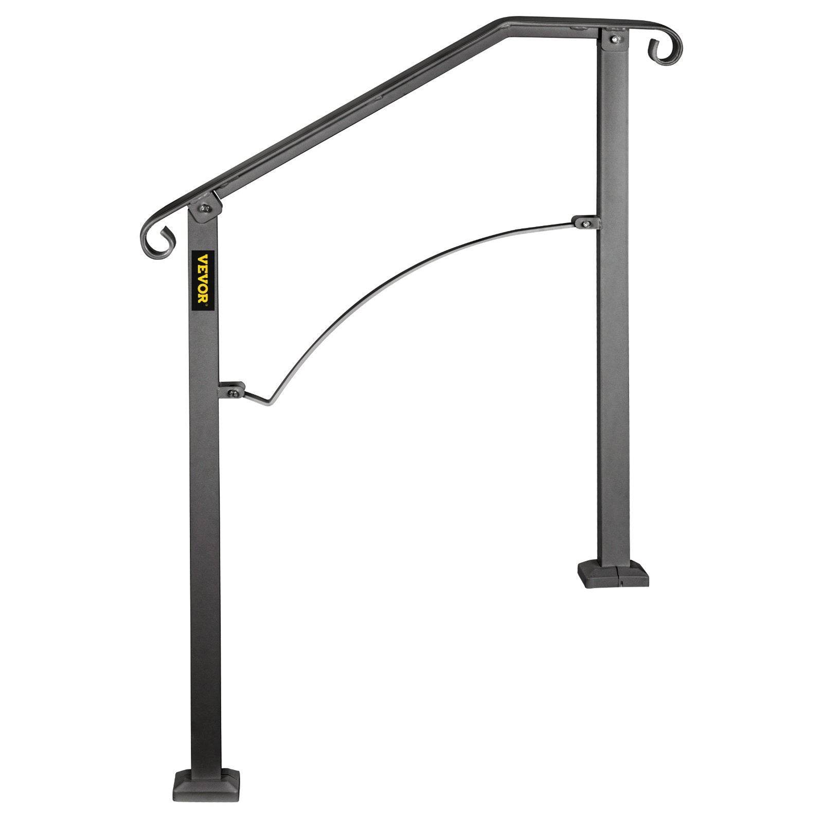 Handrails For Outdoor Steps, Fit 2 Or 3 Steps Outdoor Stair Railing, Arch 2 Wrought Iron Handrail, Flexible Porch Railing, Black Transitional Handrails For Concrete Steps Or Wooden Stairs