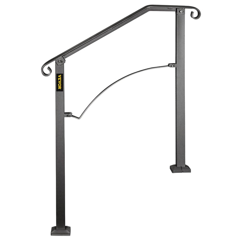 Handrails For Outdoor Steps, Fit 2 Or 3 Steps Outdoor Stair Railing, Arch 2 Wrought Iron Handrail, Flexible Porch Railing, Black Transitional Handrails For Concrete Steps Or Wooden Stairs