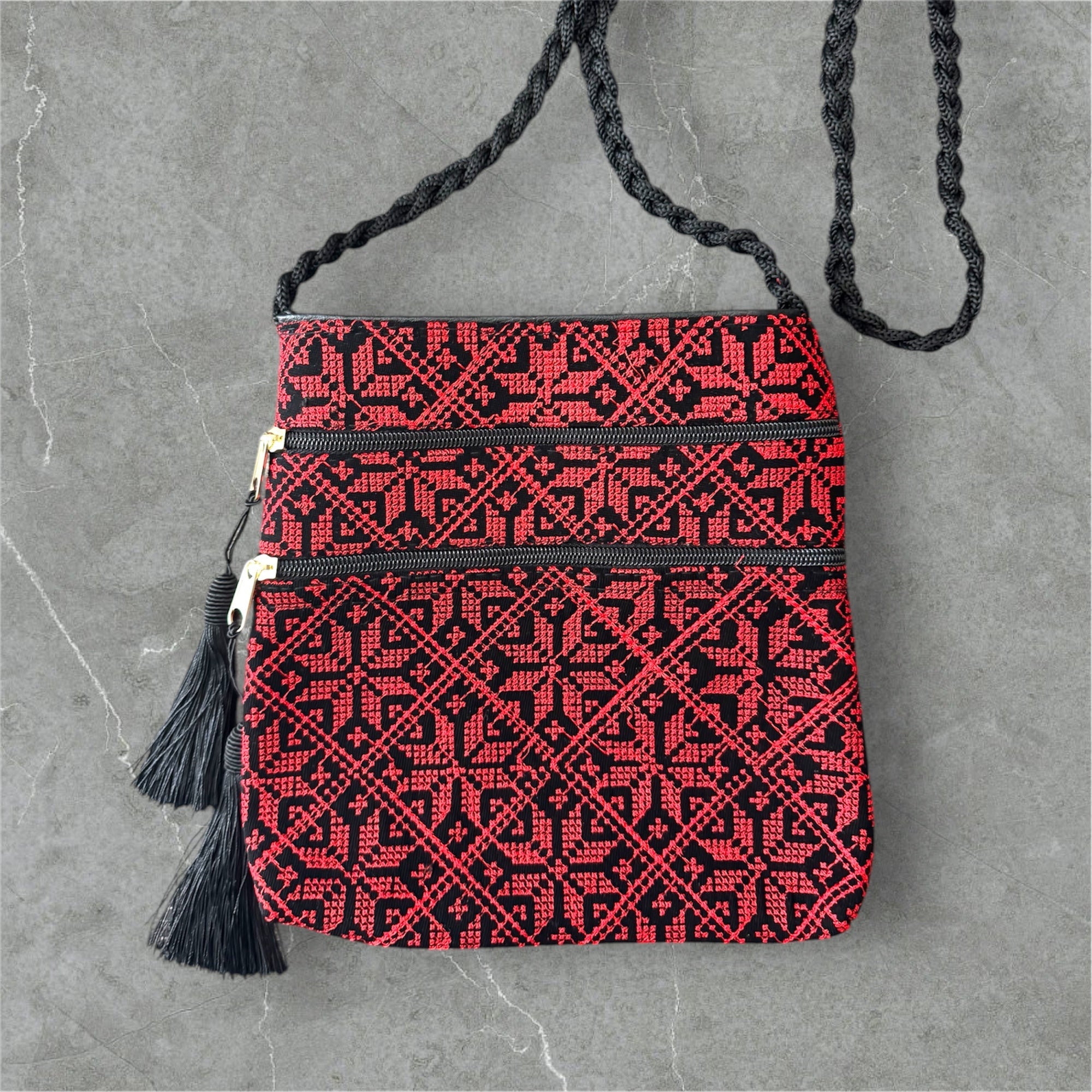 Tatreez Shoulder Pouch - 3 Zipper Compartments | Made by Palestinian Artisans