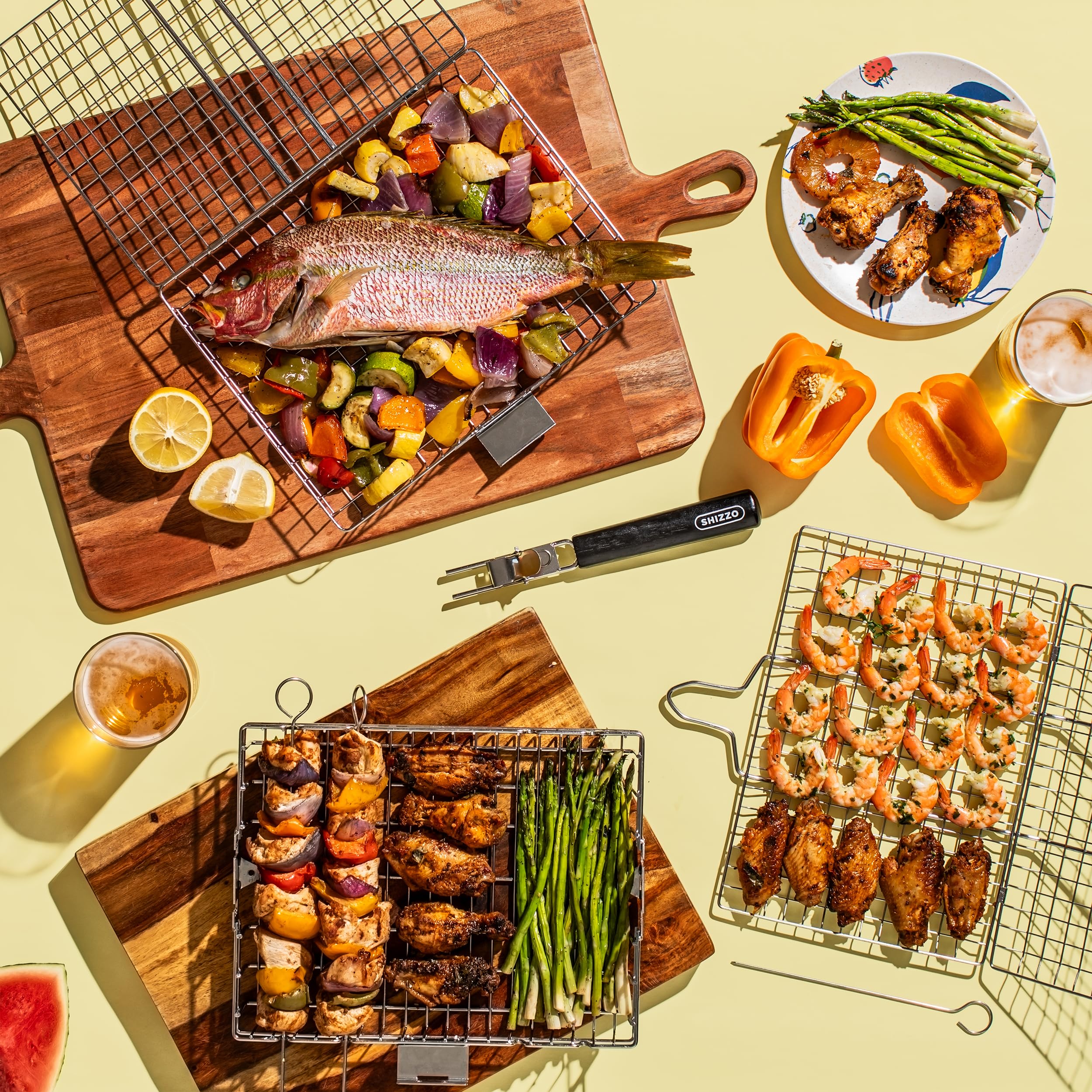 SHIZZO Grill Basket Value Set, Barbecue BBQ Grilling Basket , Stainless Steel Large Folding Grilling baskets With Handle, Portable Outdoor Camping BBQ Rack for Fish, Shrimp, Vegetables, Barbeque Griller Cooking Accessories, Gift, Gifts for father, dad, hu