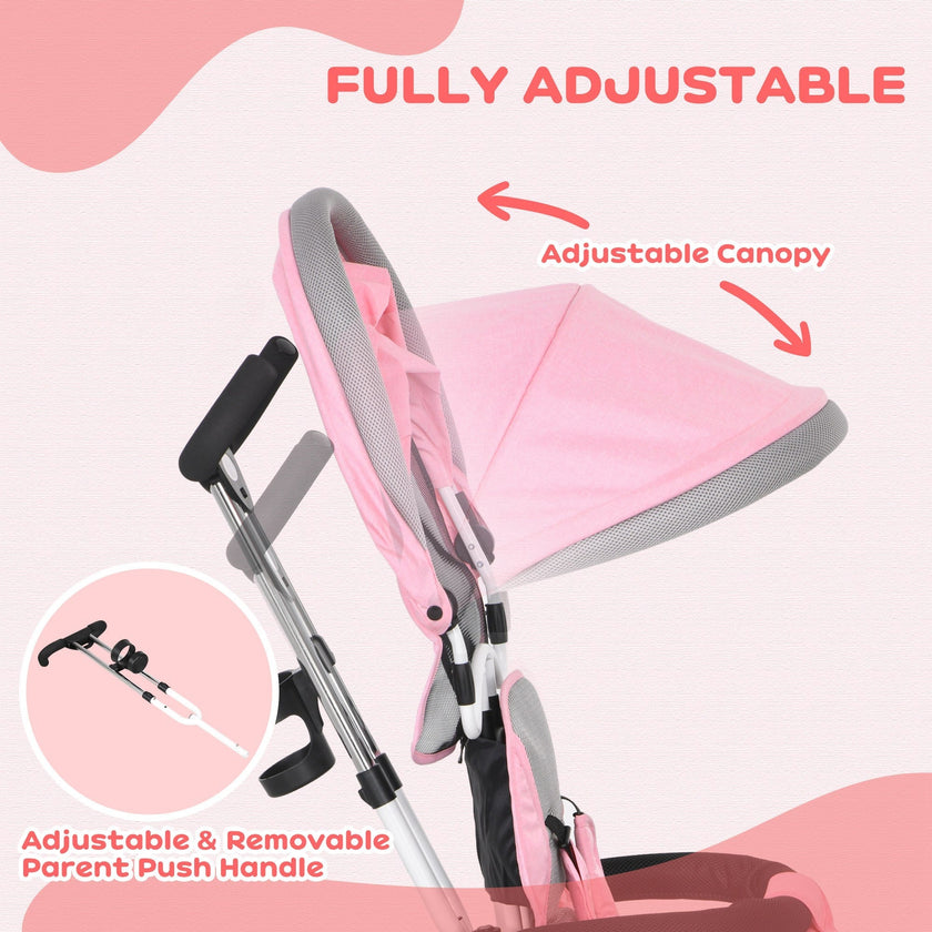 Qaba 4-in-1 Convertible Toddler Tricycle Stroller with Canopy Basket Safety Harness for Kids 12-60 Months Pink