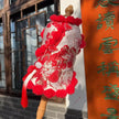 Lucky Bloom Chinese New Year Dog Shirt | Red & Gold Cheongsam-Inspired Top