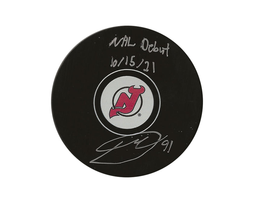 Dawson Mercer Autographed New Jersey Devils Autograph Model Puck Inscribed 