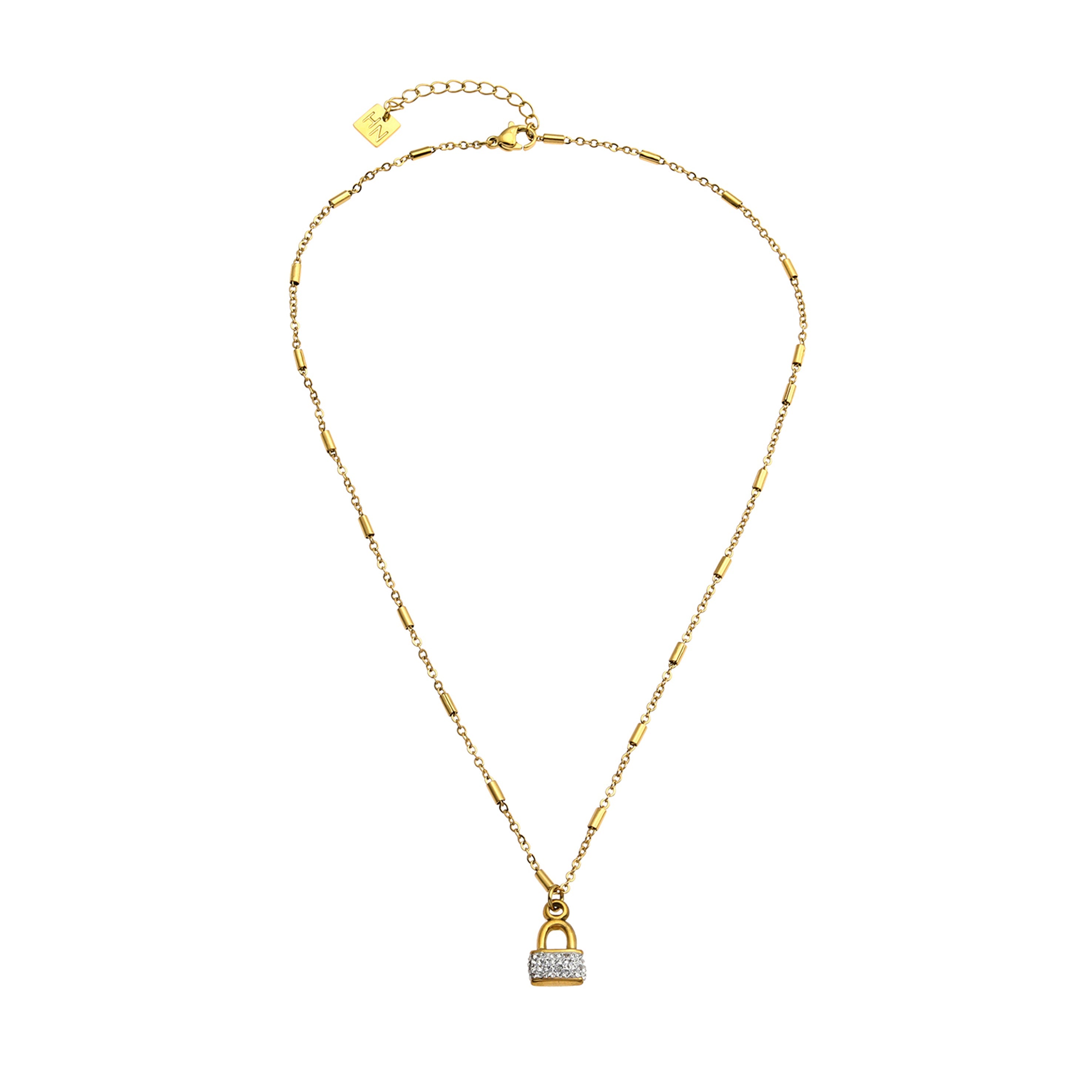 Style ABENI: Pavé Zirconia Pad Lock Pendant on a Tube Bead Chain Necklace in Gold