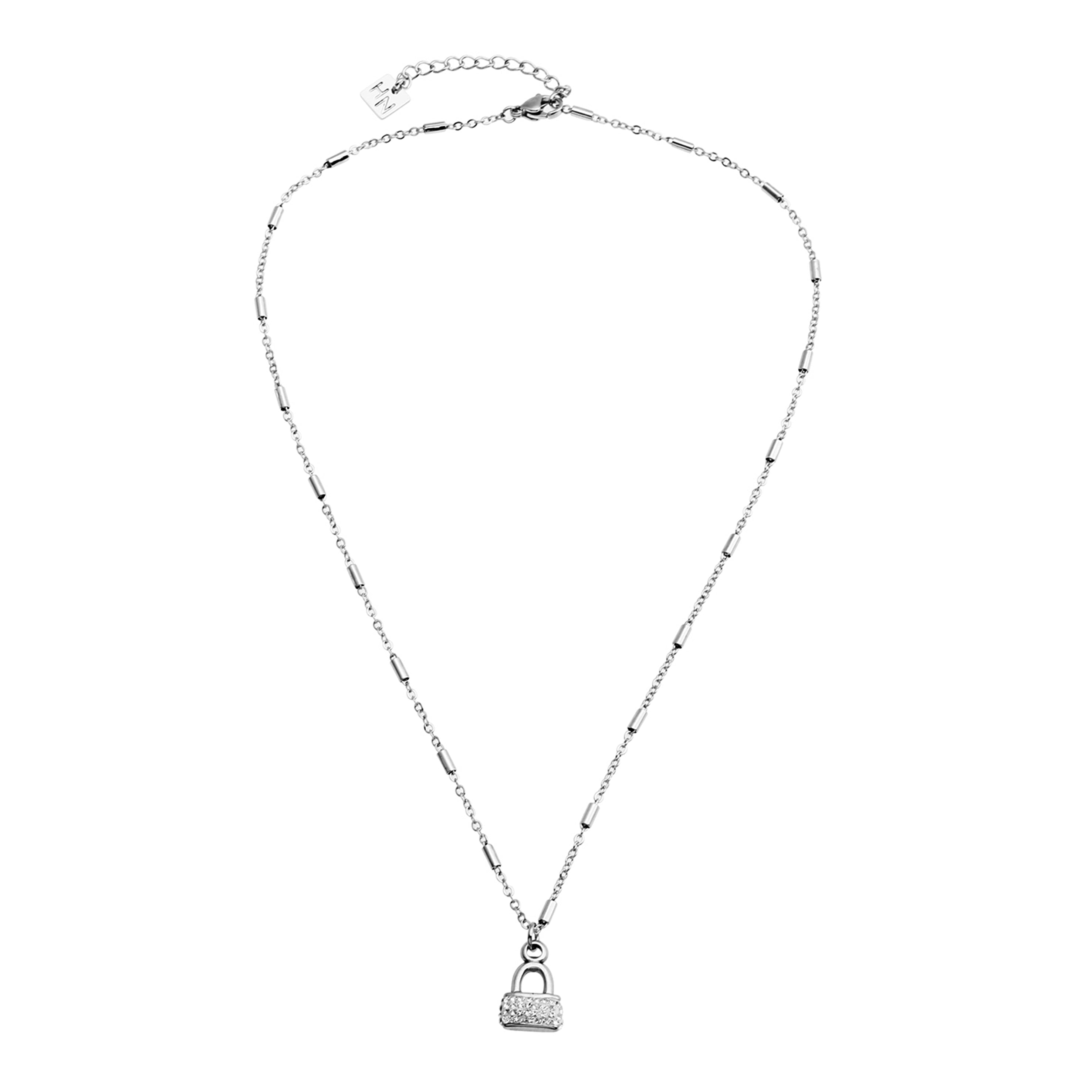 Collier ABENI avec chaîne à perles tubulaires et pendentif cadenas pavé de zircons en argent.