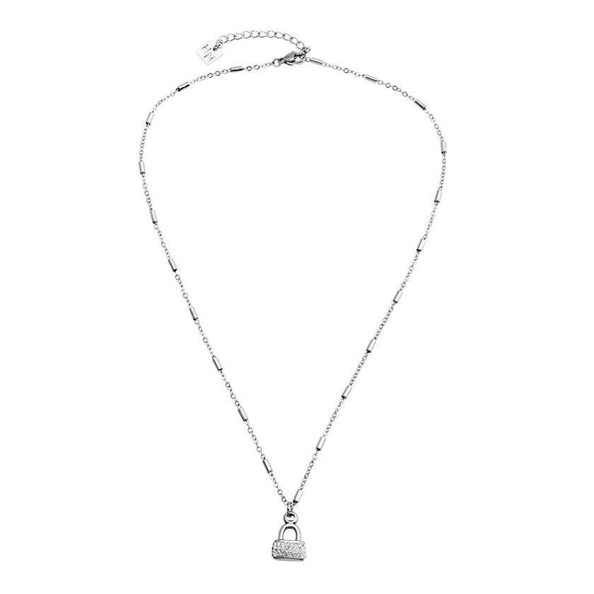 Collier ABENI avec chaîne à perles tubulaires et pendentif cadenas pavé de zircons en argent.
