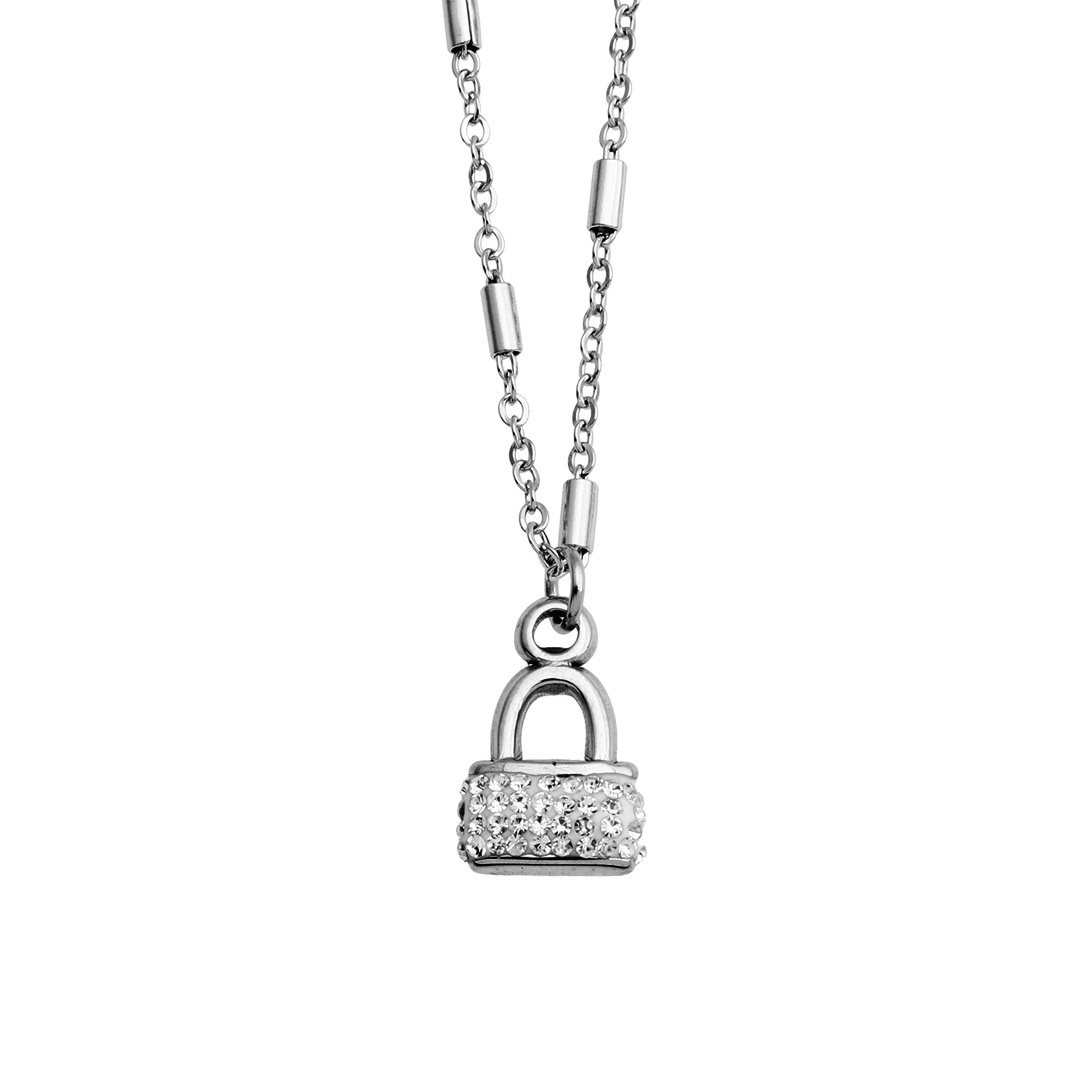 Collier ABENI avec chaîne à perles tubulaires et pendentif cadenas pavé de zircons en argent.