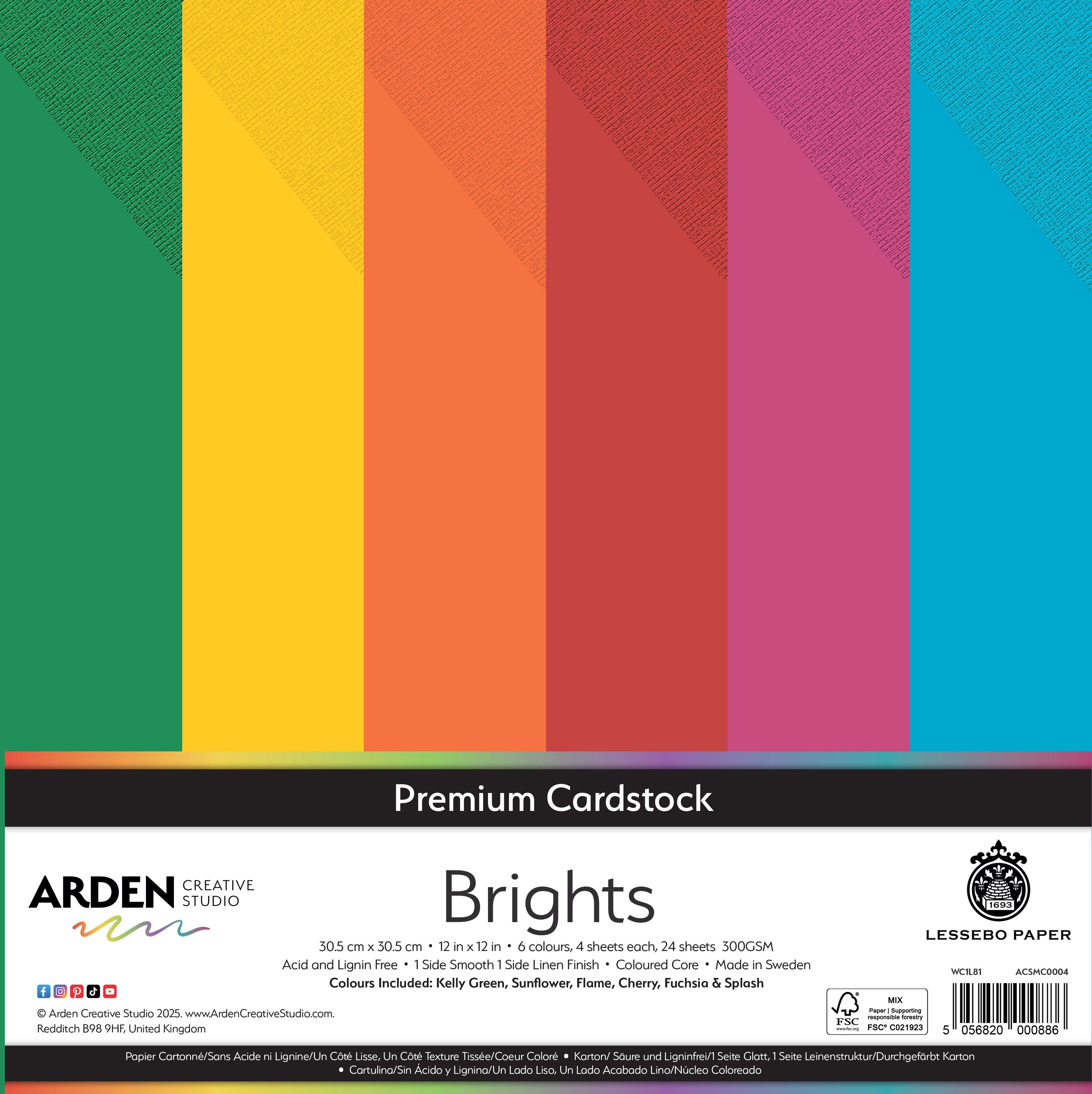 Arden Creative Studio Premium Cardstock Brights 12in x 12in 300gsm 24 Pack