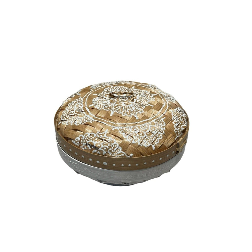 White Round Henna Rattan Box