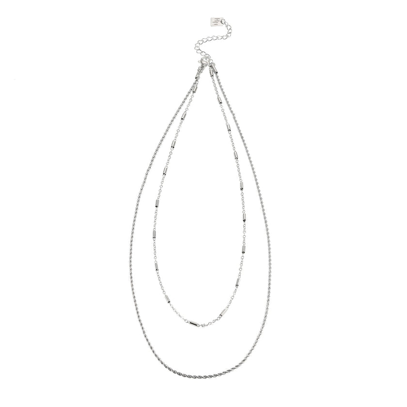 ADDA: Double Layer Mixed Chain Necklace in Silver Toned White Gold