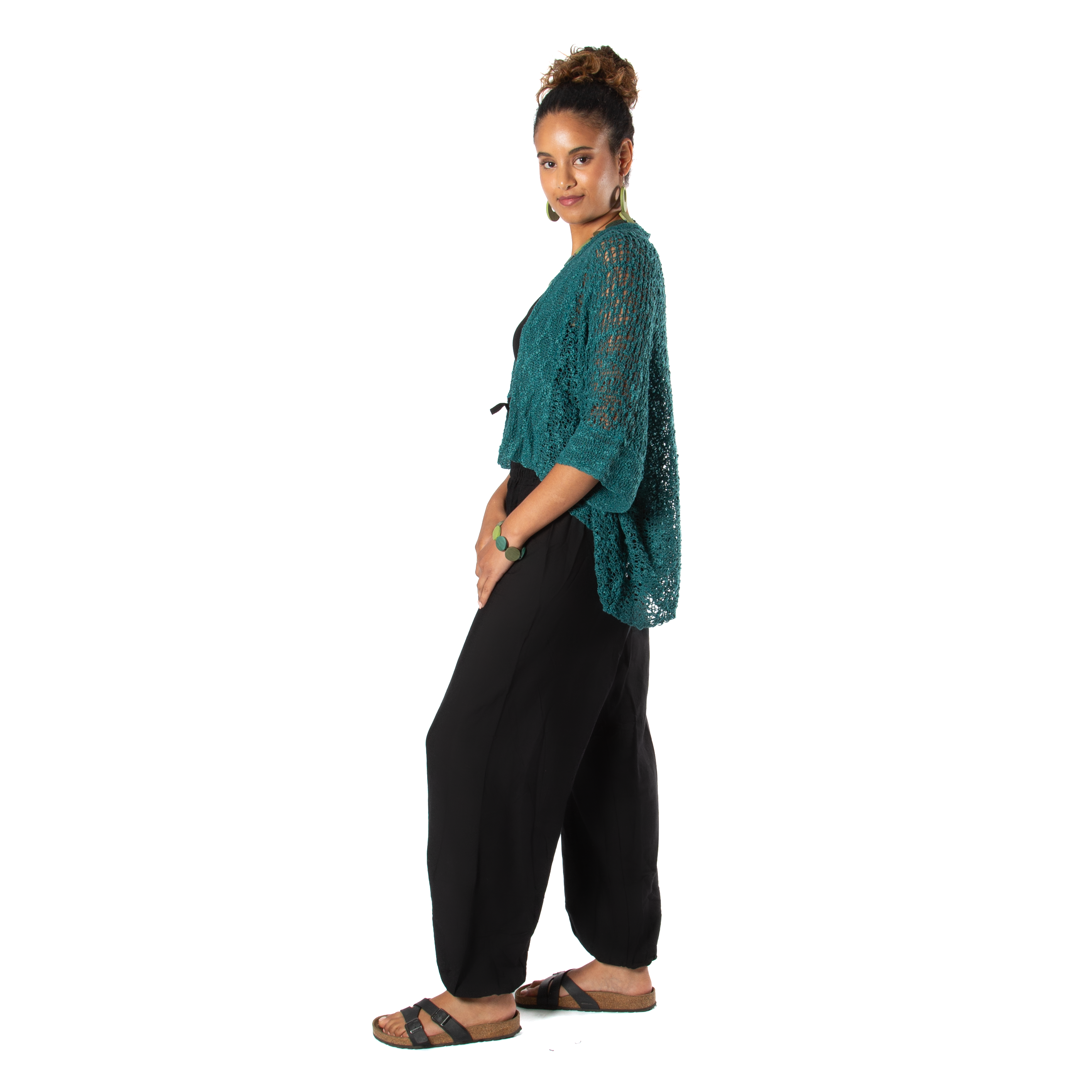 Popcorn Knit Short Sleeve Cardigan -  Jade Green