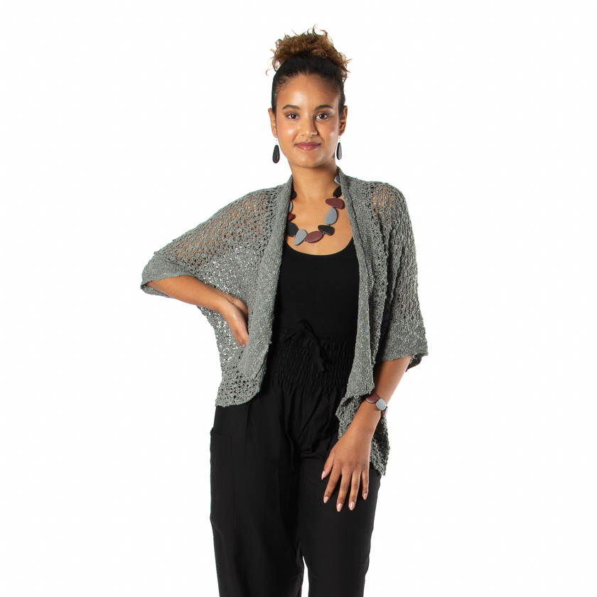 Popcorn Knit Short Sleeve Cardigan -  Grey