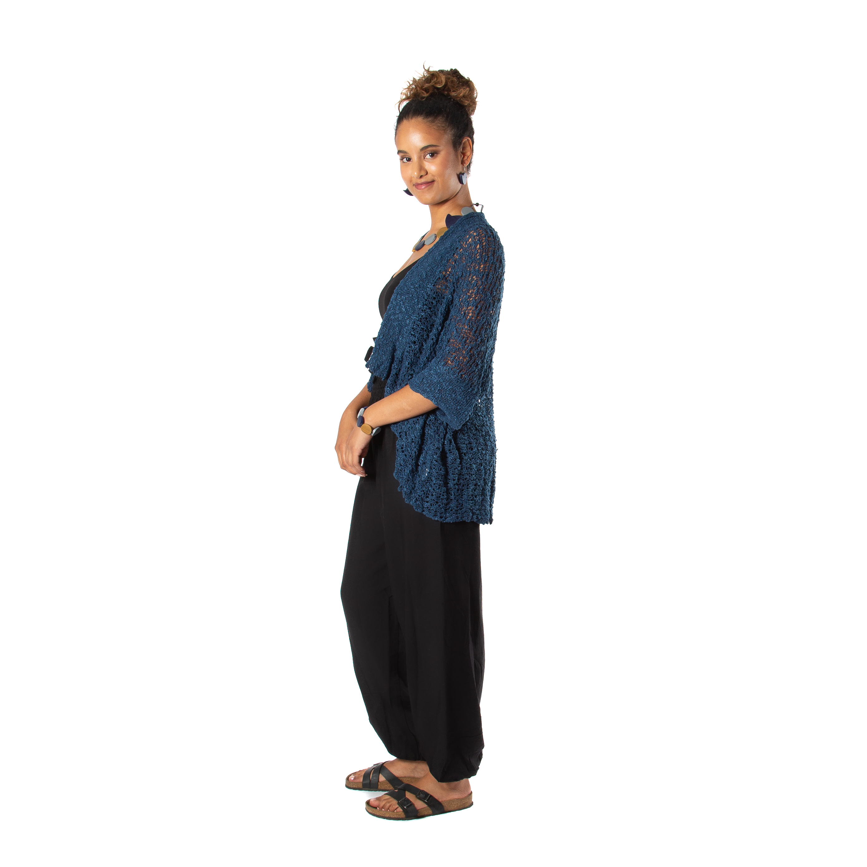 Popcorn Knit Short Sleeve Cardigan -  Navy Blue
