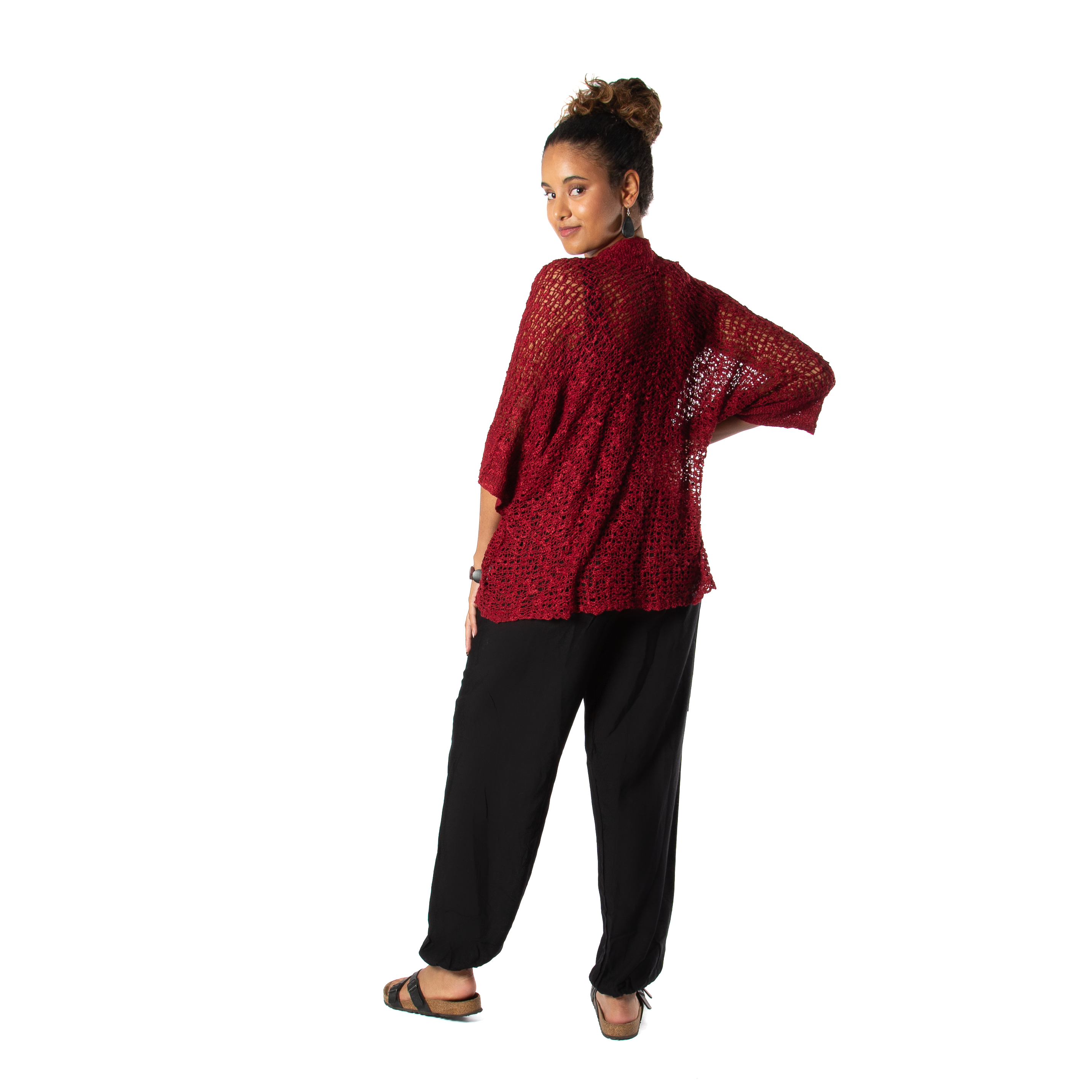 Popcorn Knit Short Sleeve Cardigan -  Claret Red