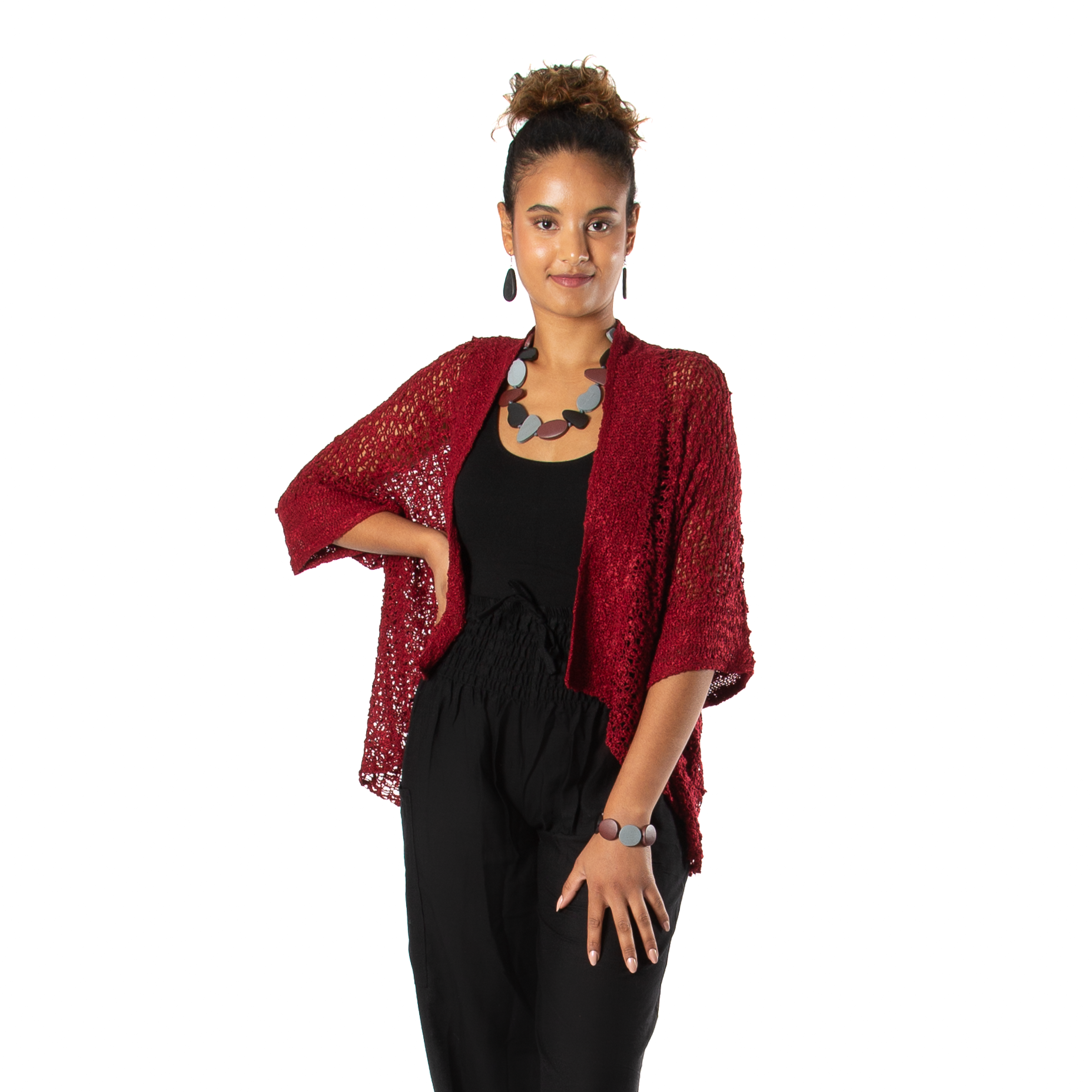 Popcorn Knit Short Sleeve Cardigan -  Claret Red