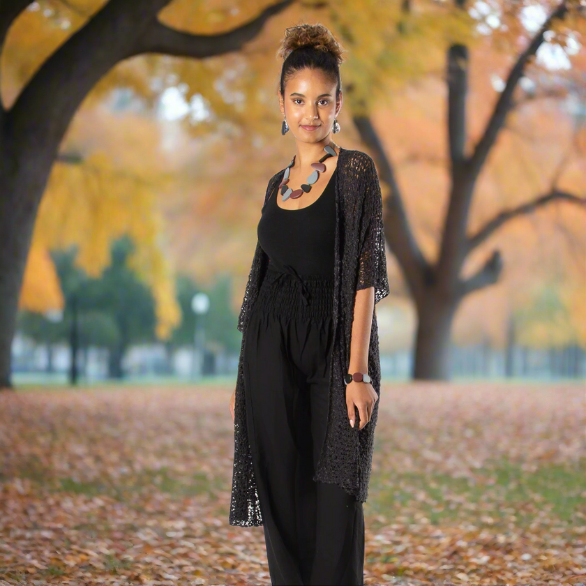 Mid Length Popcorn Knit Kimono - Black