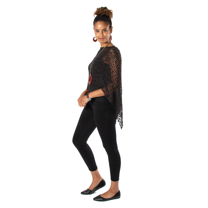 Short Popcorn Knit Poncho - Charcoal Black