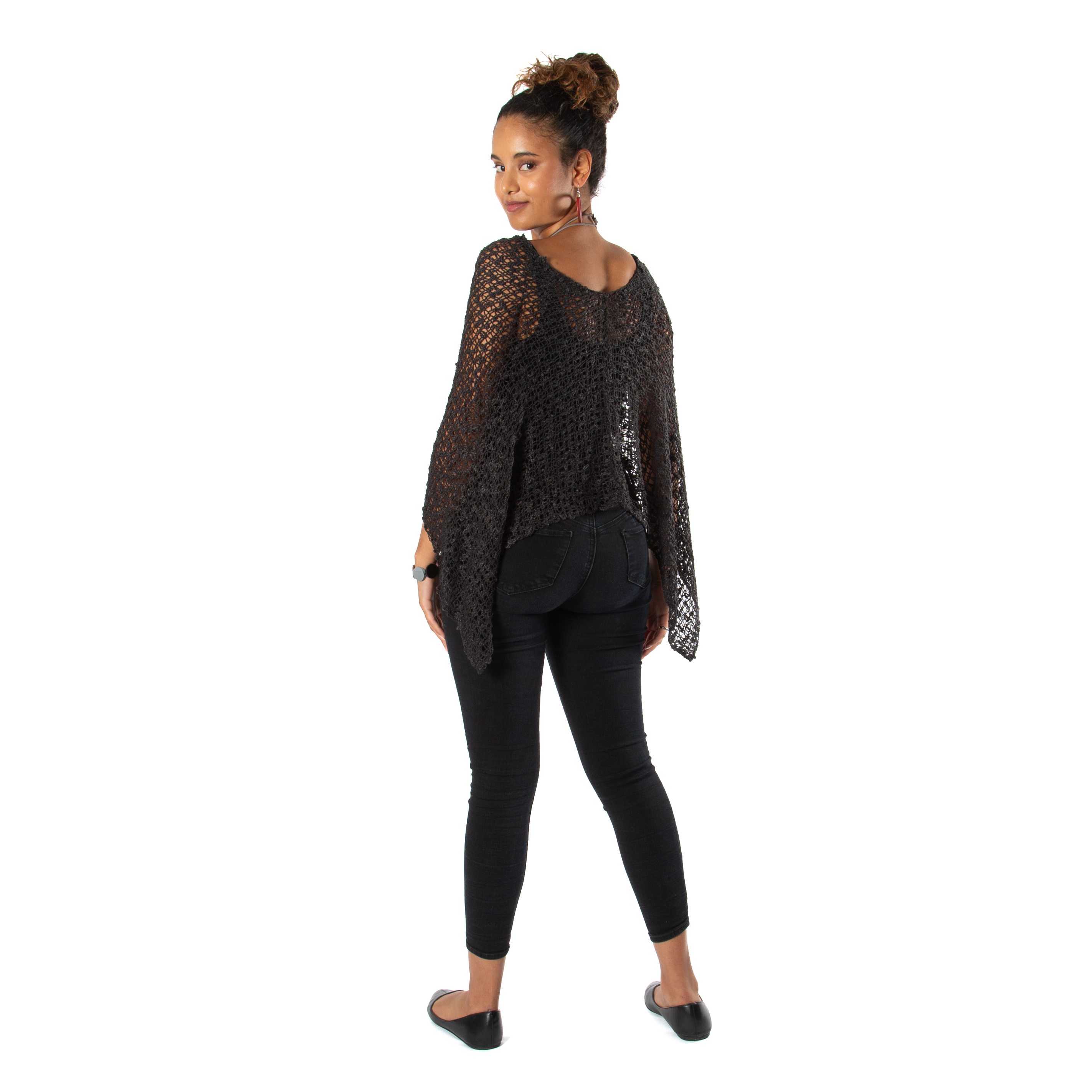 Short Popcorn Knit Poncho - Charcoal Black