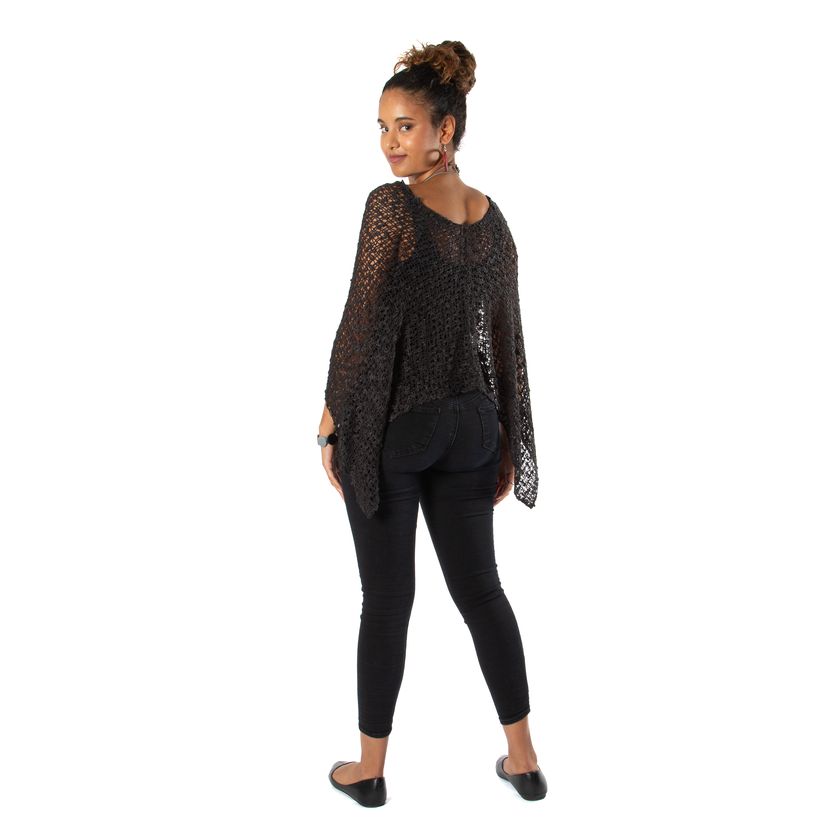Short Popcorn Knit Poncho - Charcoal Black
