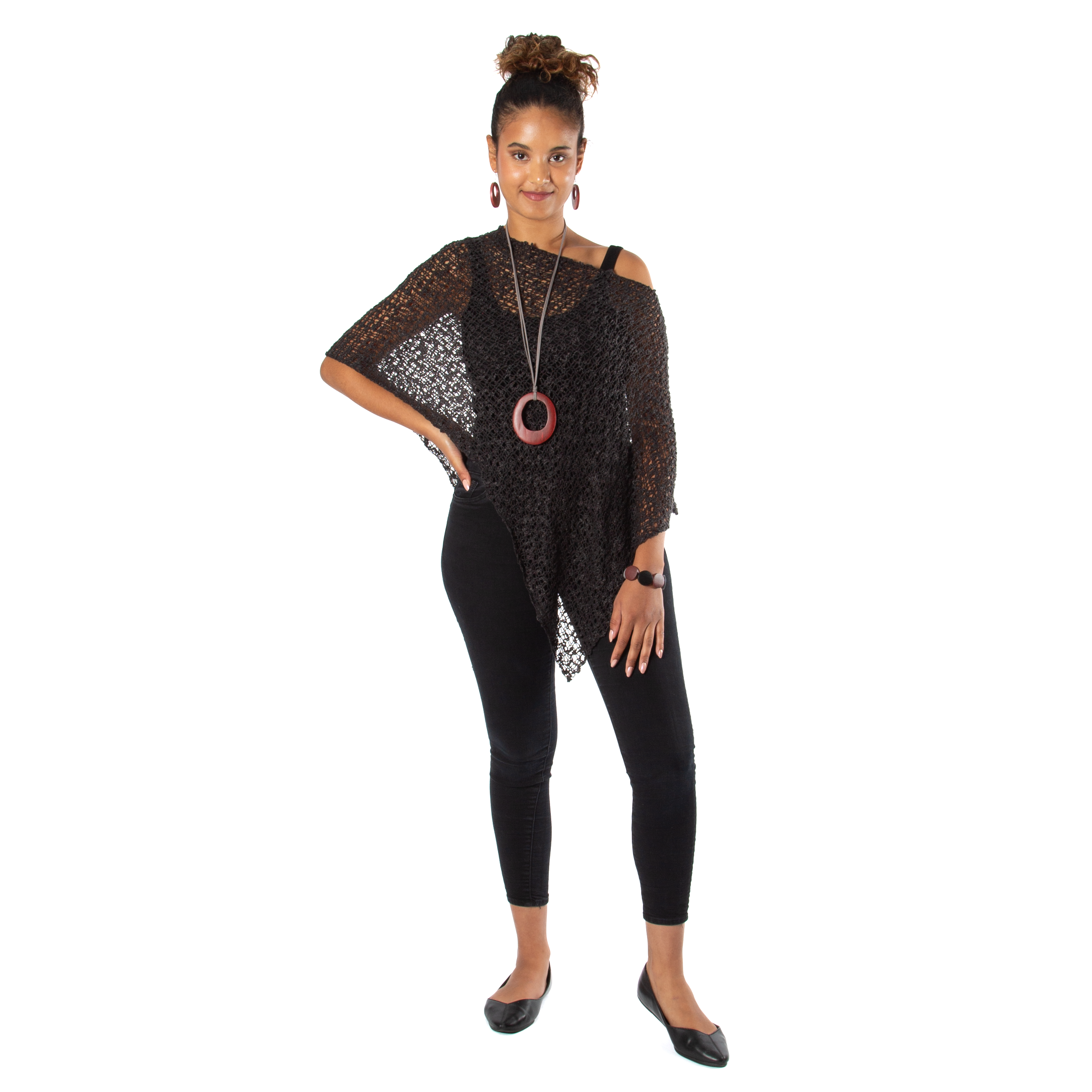 Short Popcorn Knit Poncho - Charcoal Black