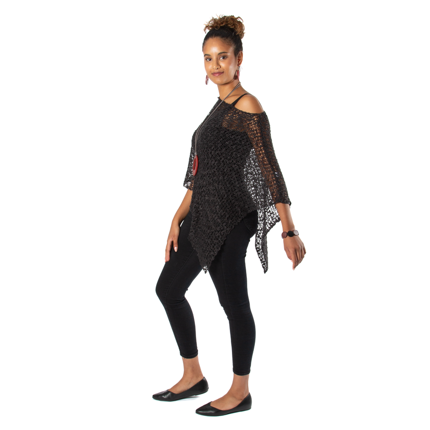 Short Popcorn Knit Poncho - Charcoal Black
