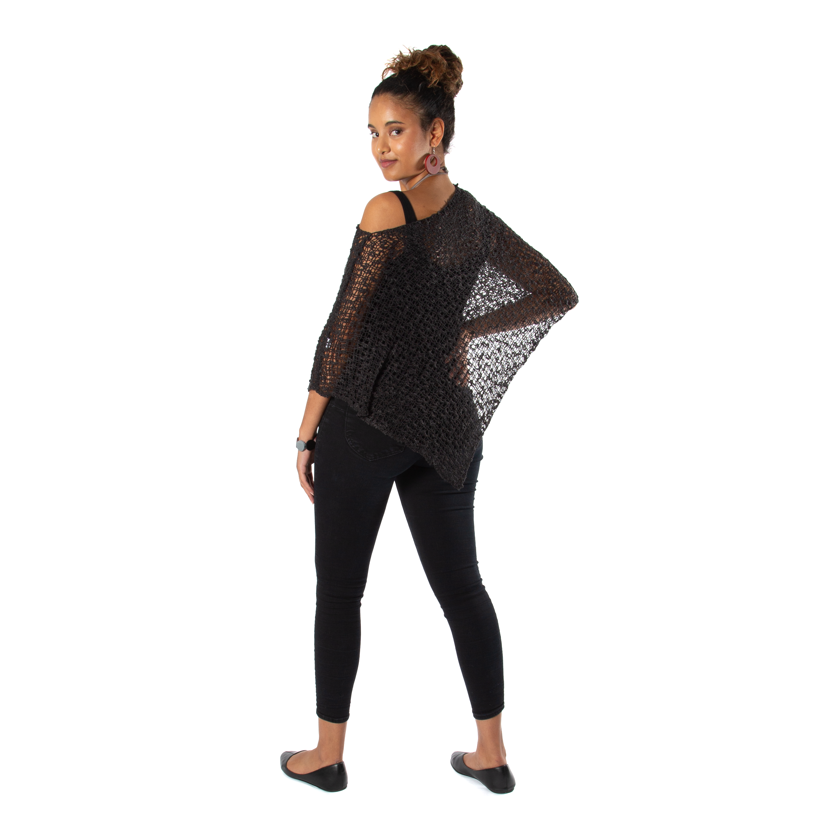 Short Popcorn Knit Poncho - Charcoal Black