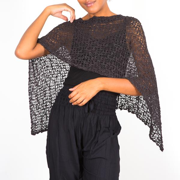 Short Popcorn Knit Poncho - Charcoal Black