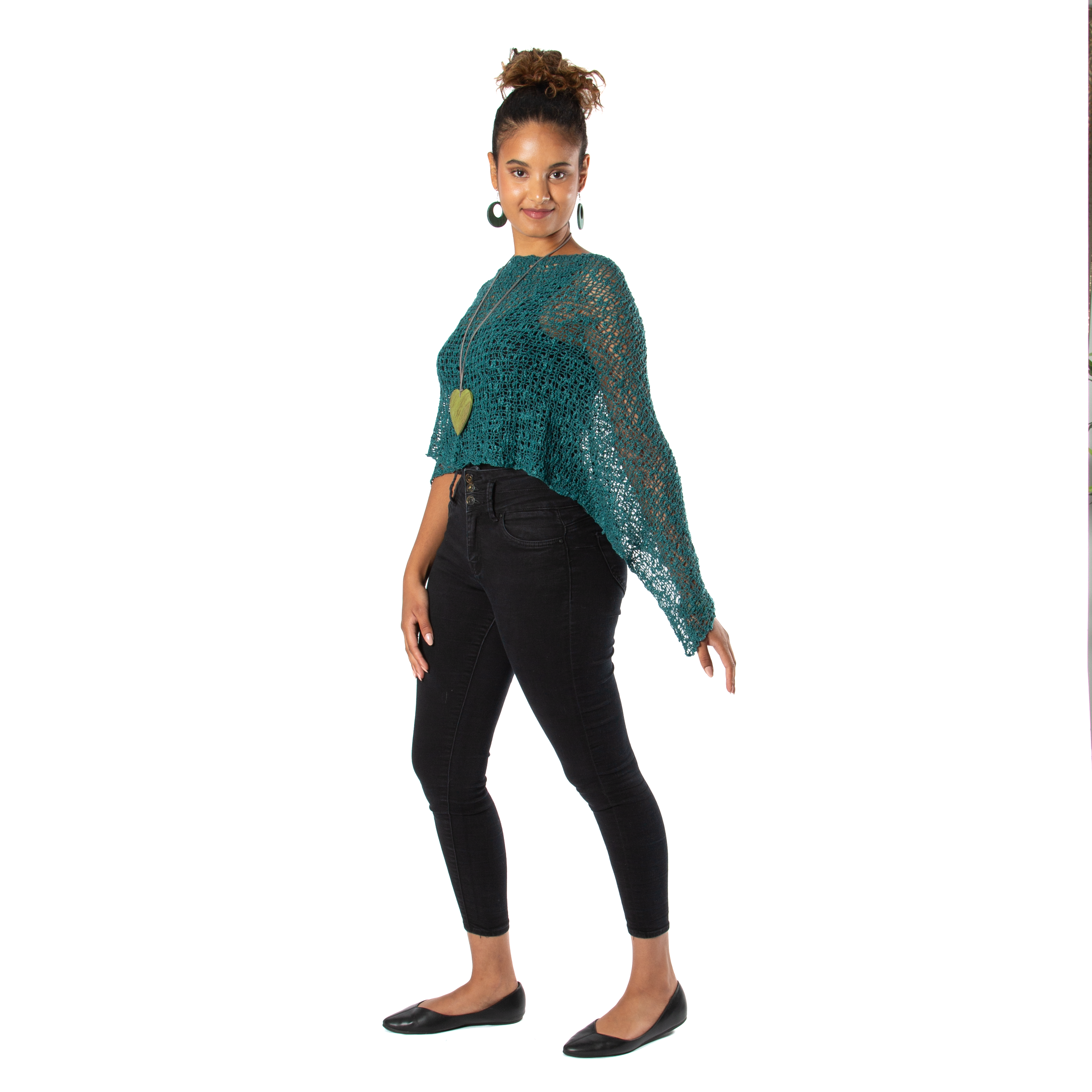 Short Popcorn Knit Poncho - Jade