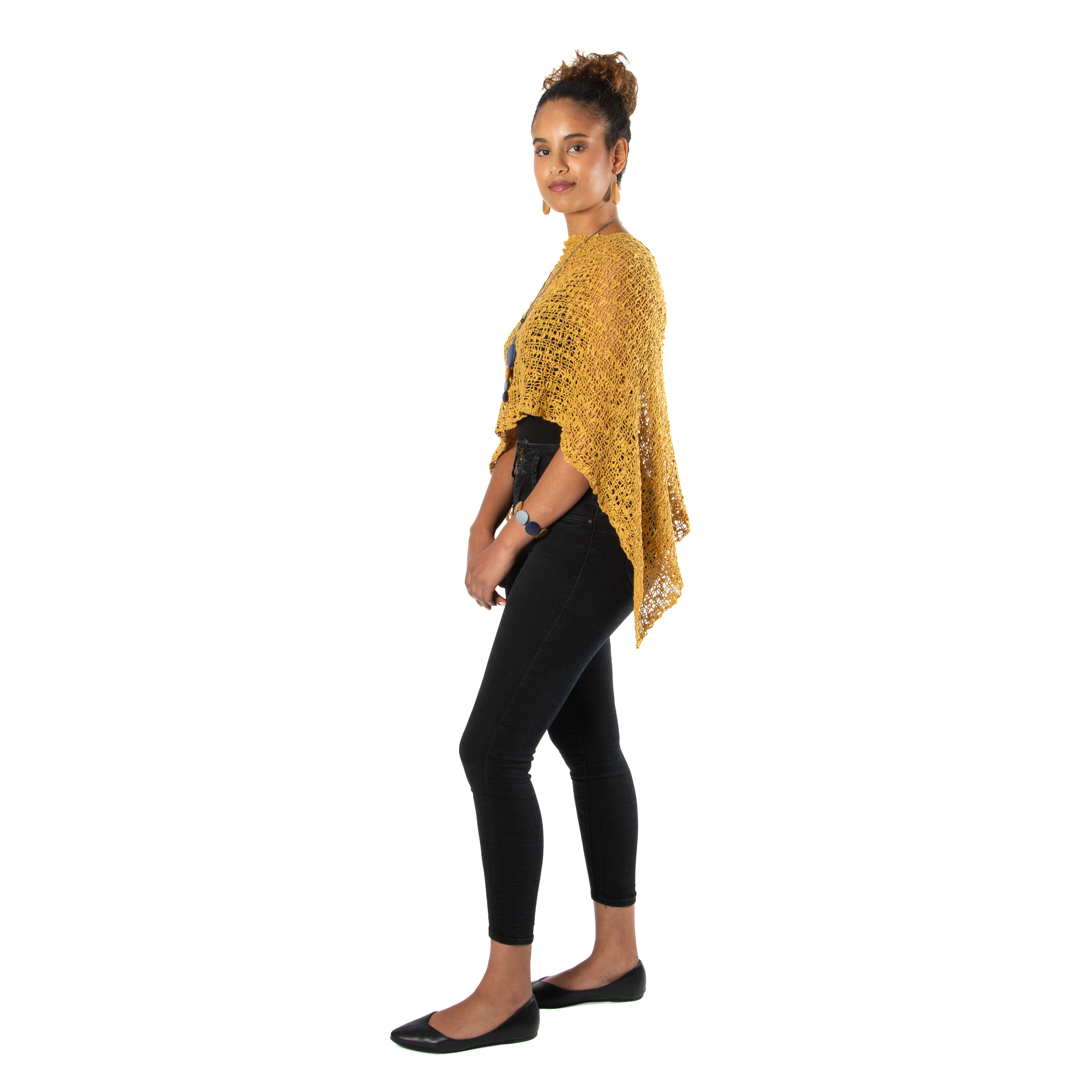 Short Popcorn Knit Poncho - Saffron