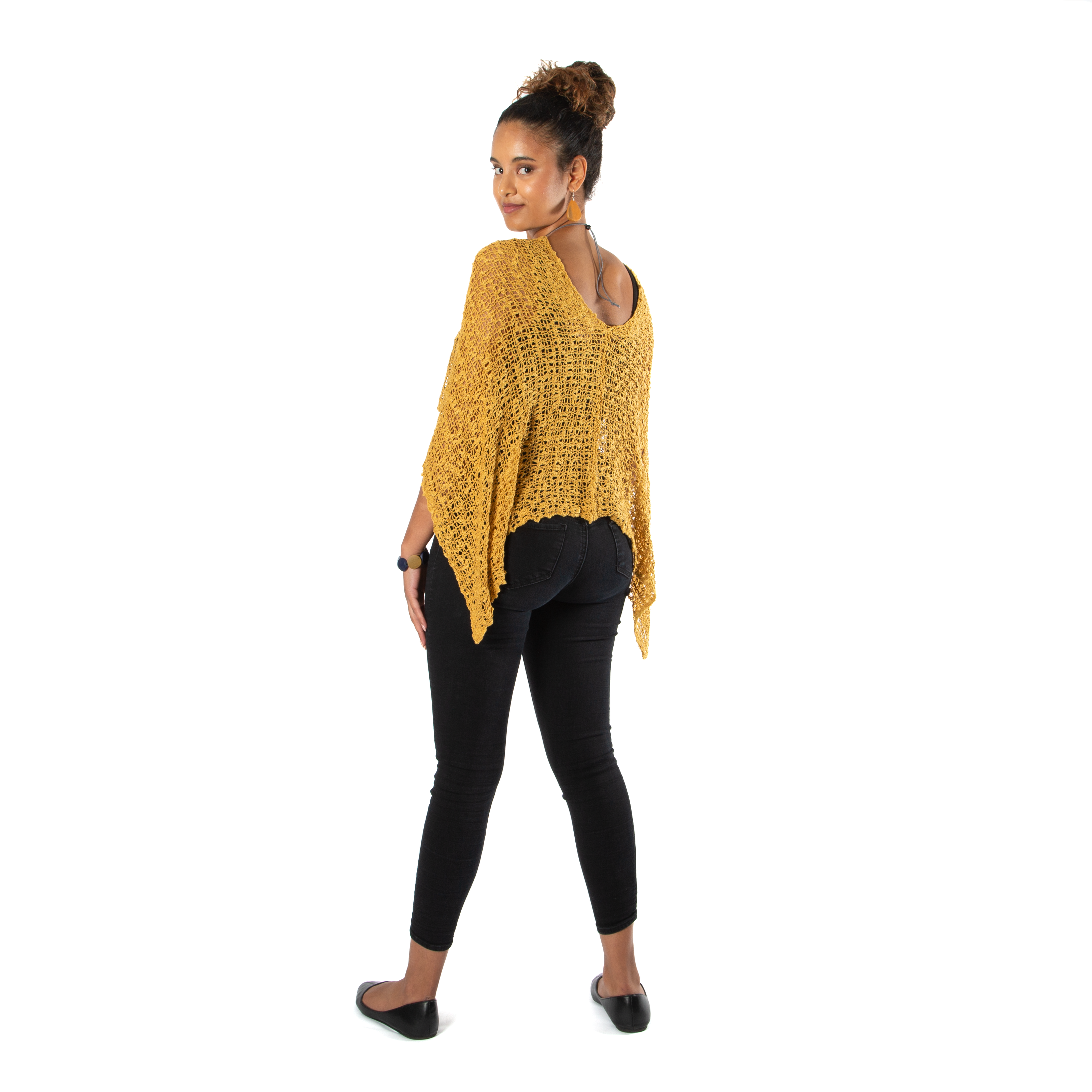 Short Popcorn Knit Poncho - Saffron