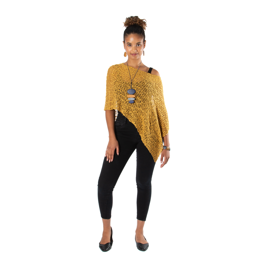 Short Popcorn Knit Poncho - Saffron