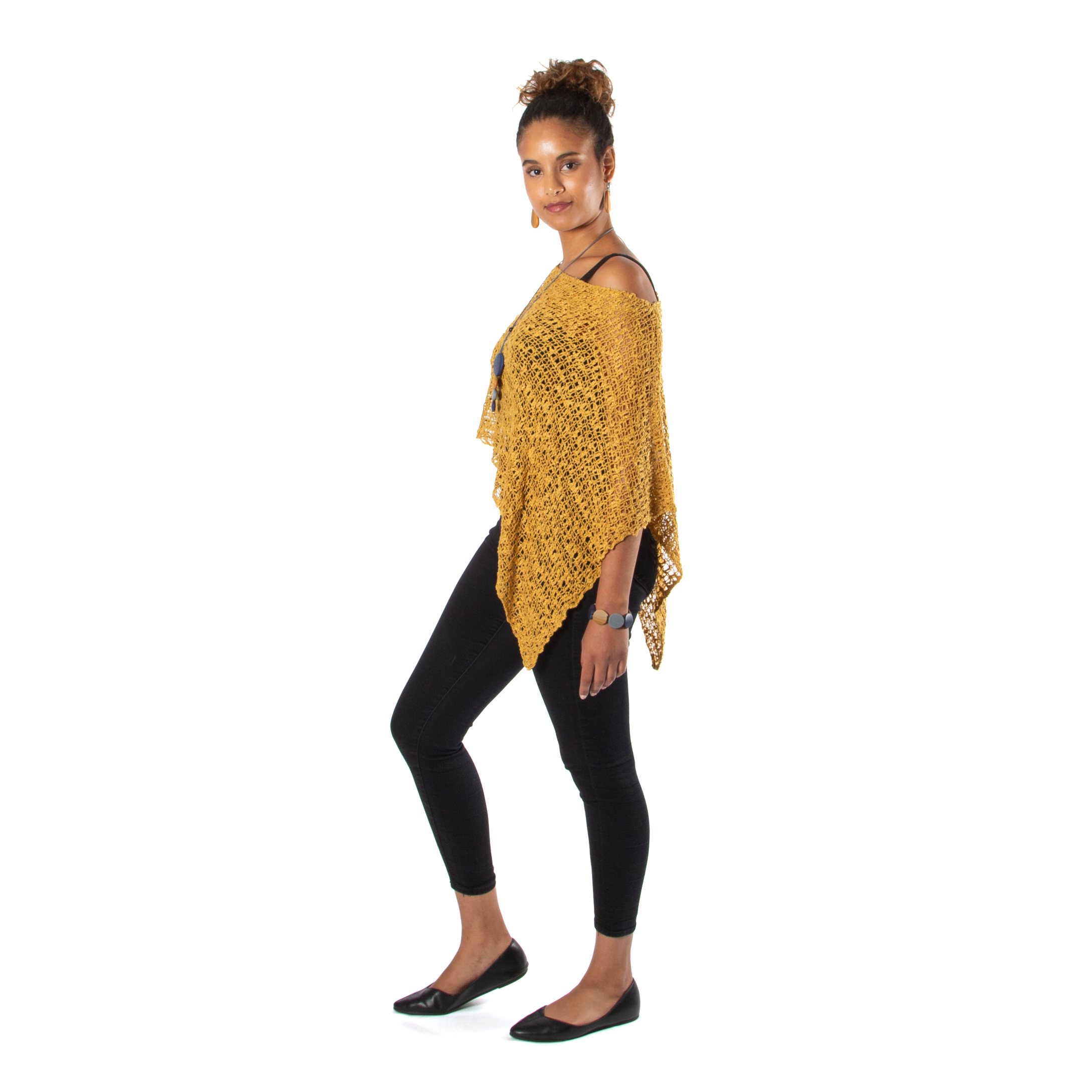 Short Popcorn Knit Poncho - Saffron