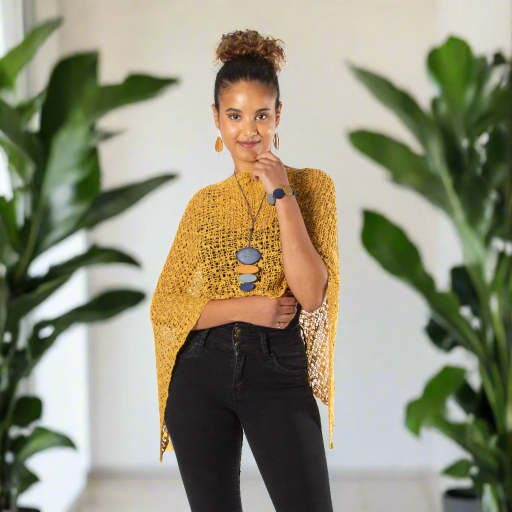 Short Popcorn Knit Poncho - Saffron