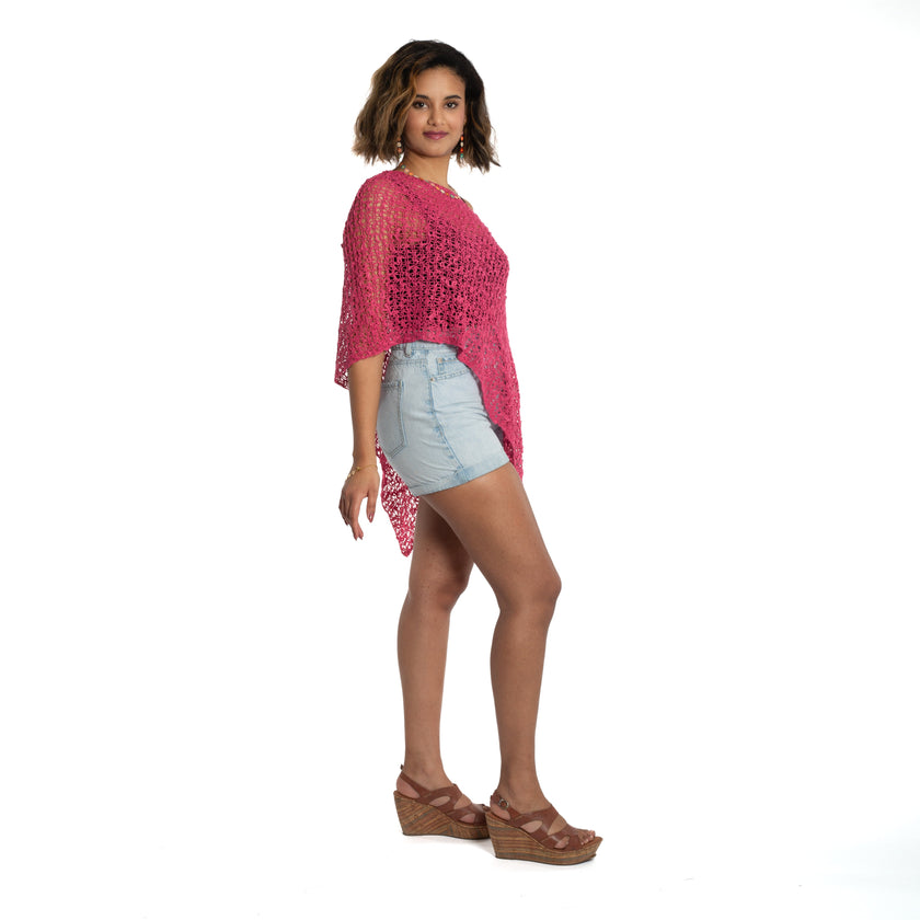 Short Popcorn Knit Poncho - Pink