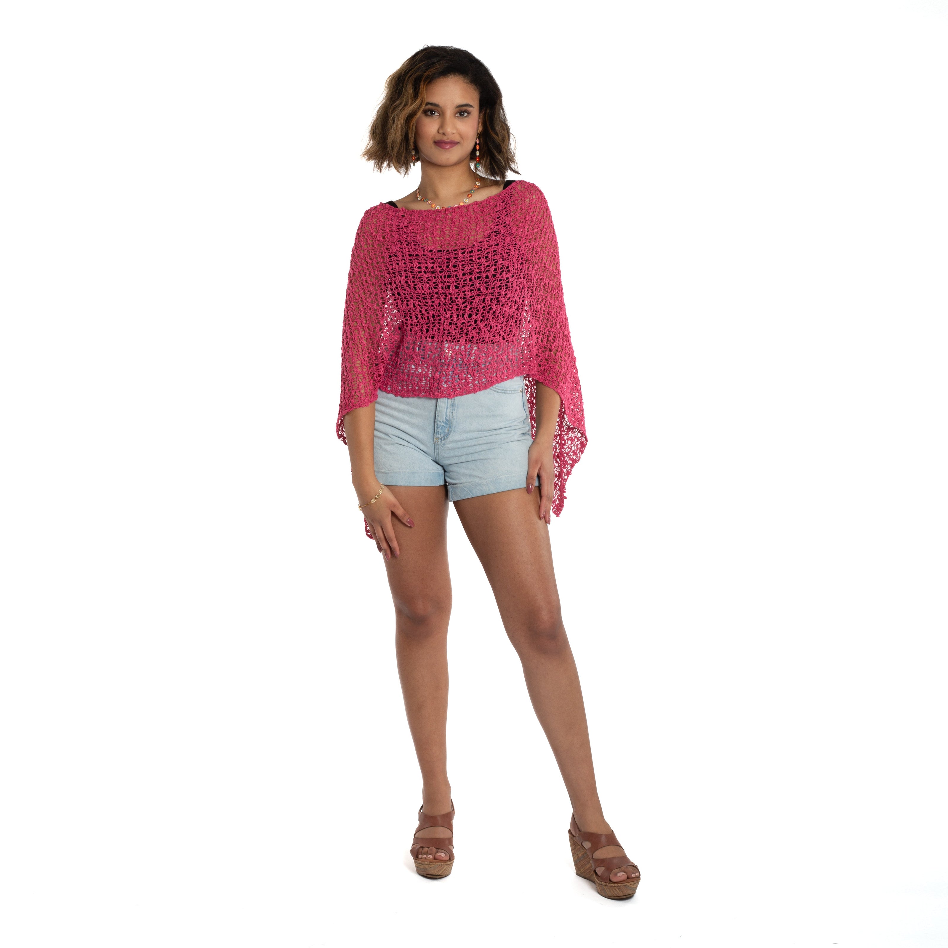 Short Popcorn Knit Poncho - Pink