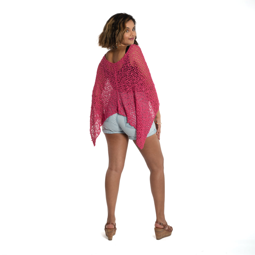 Short Popcorn Knit Poncho - Pink