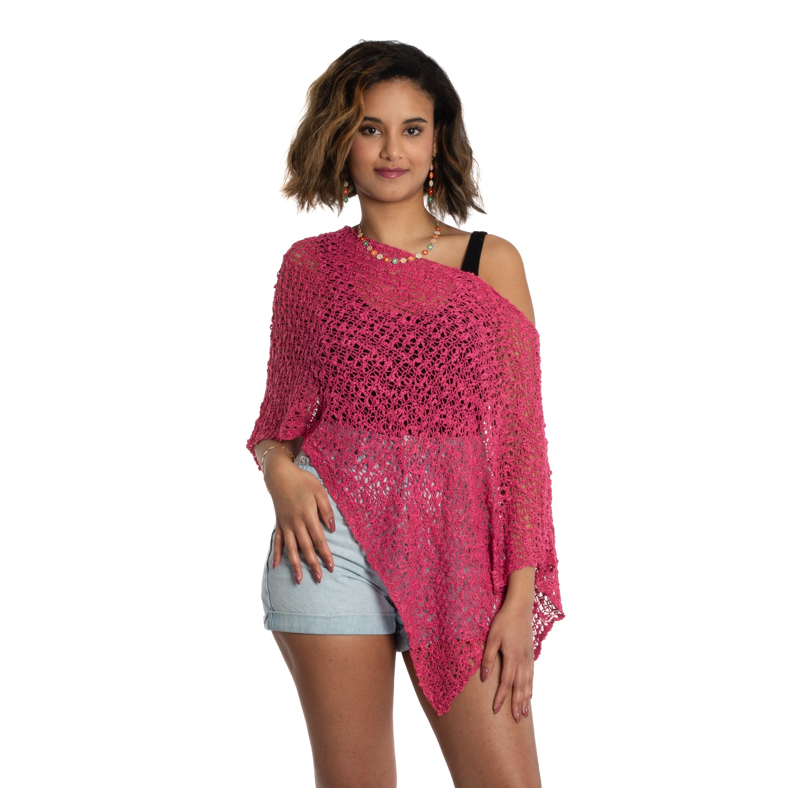 Short Popcorn Knit Poncho - Pink