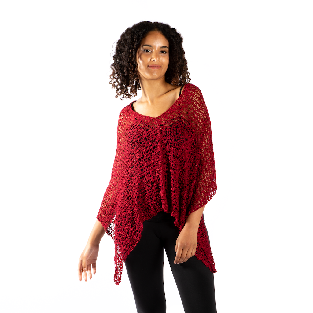 Short Popcorn Knit Poncho - Red
