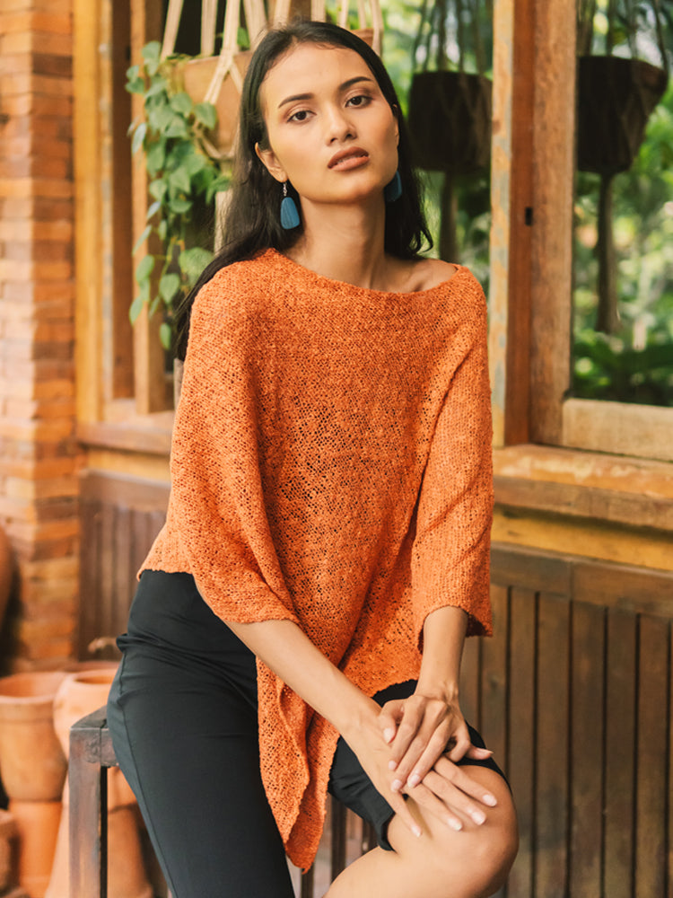 Double Knit Popcorn Poncho - Orange