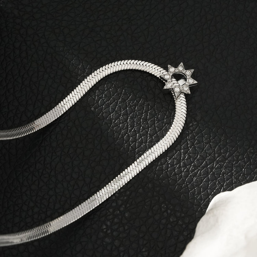 AGULHAS White Gold (Silver Toned): Celestial Elegance - Snake Skin Chain Necklace with Zirconia Embedded Star Charm