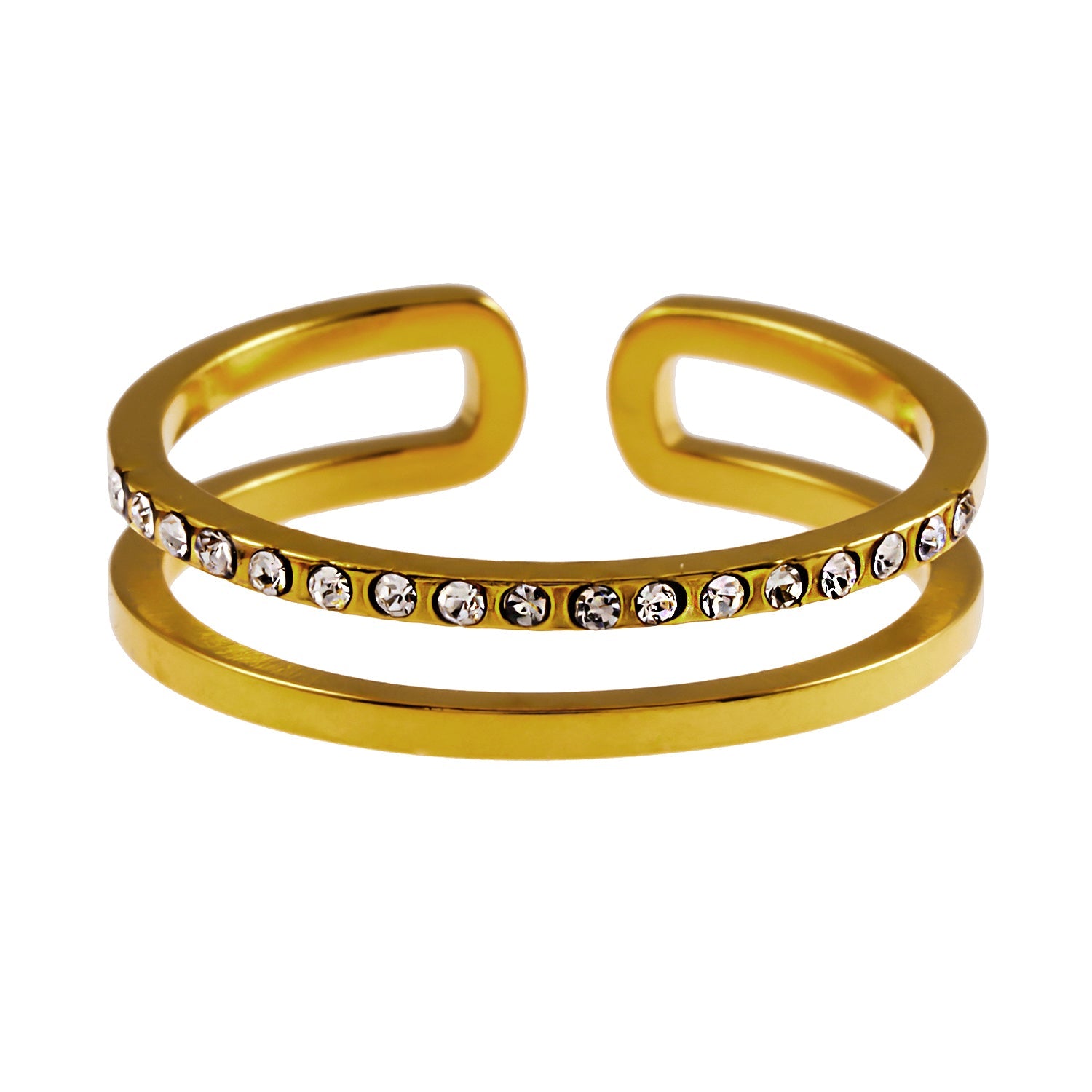 AIZA : Bague à deux anneaux avec pavage de zircons et surfaces contrastées à finition lisse.