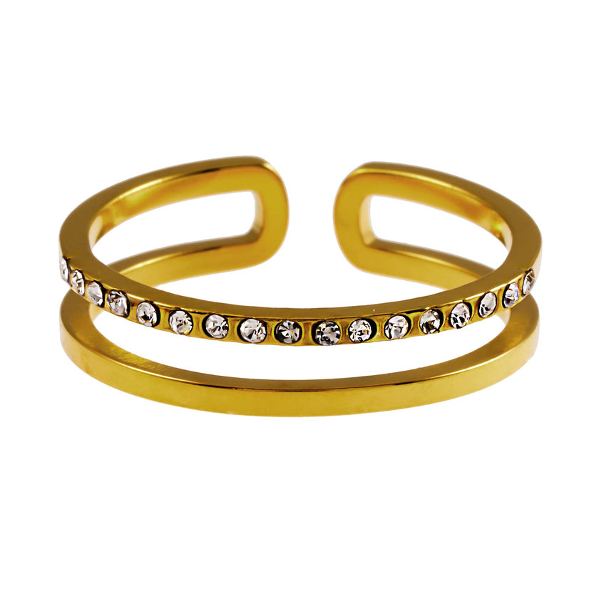 AIZA : Bague à deux anneaux avec pavage de zircons et surfaces contrastées à finition lisse.