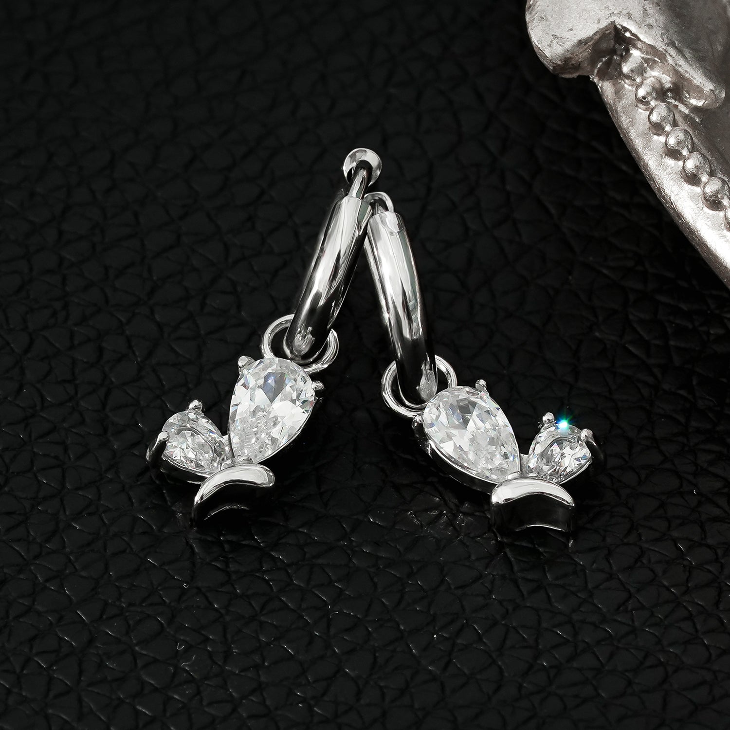 ALEXANDER White Gold (Silver Toned): Vintage Inspired Hoops with Abstract Zirconia Charms