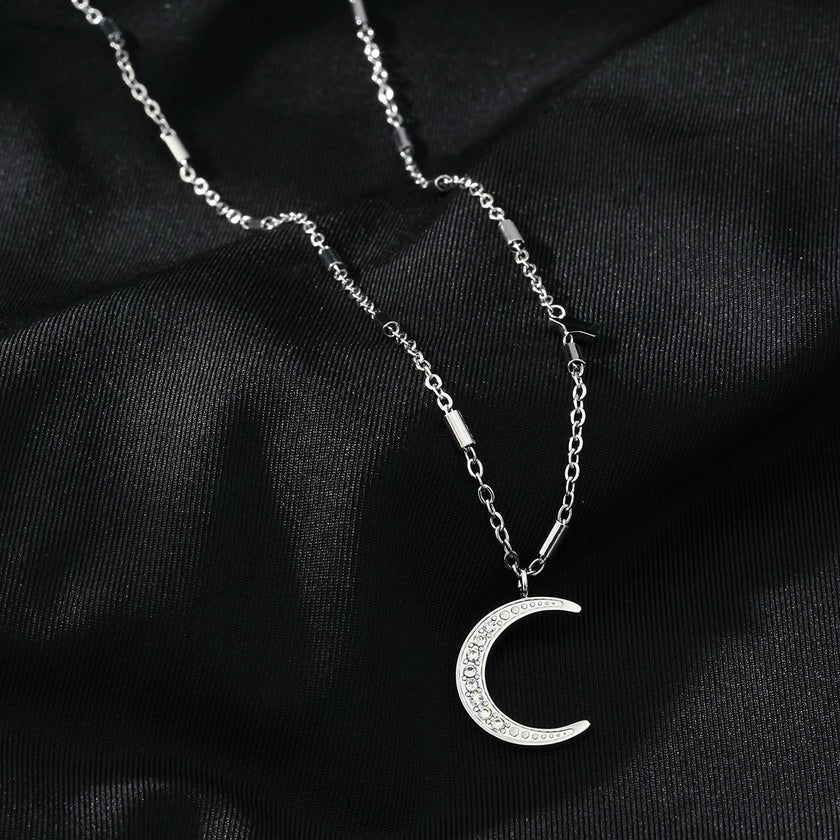 ALMERIA Silver (White Gold): Celestial Magic - Zirconia Embedded Crescent Moon and Star Necklace